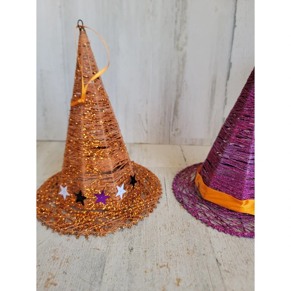 Vintage large Halloween witch hat glitter orange purple ornament set star unique